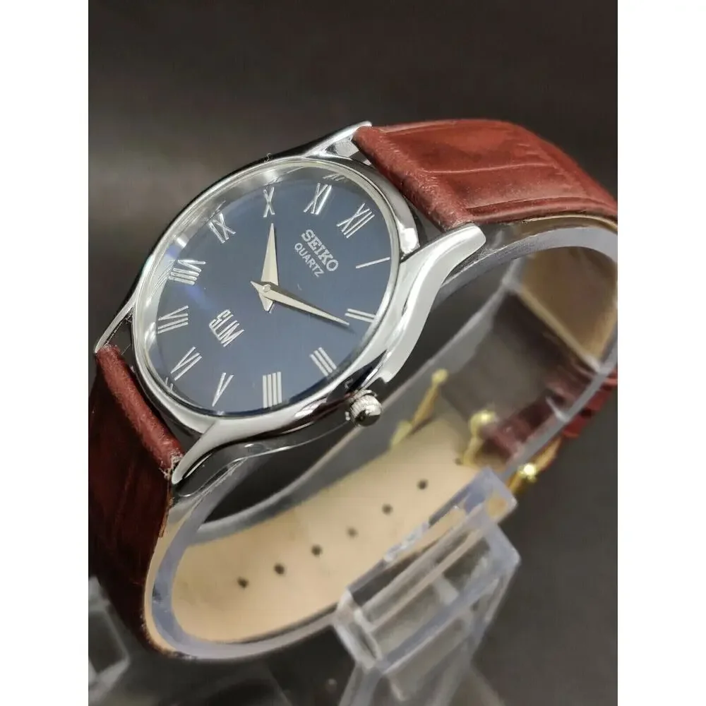 Vintage Style Seiko Quartz Mens Silver Watch & Blue accents W/Leather Strap